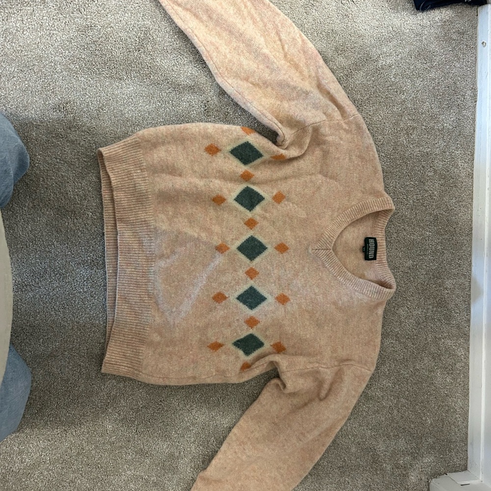 Vintage Cream Argyle Sweater with Orange and Green Accents